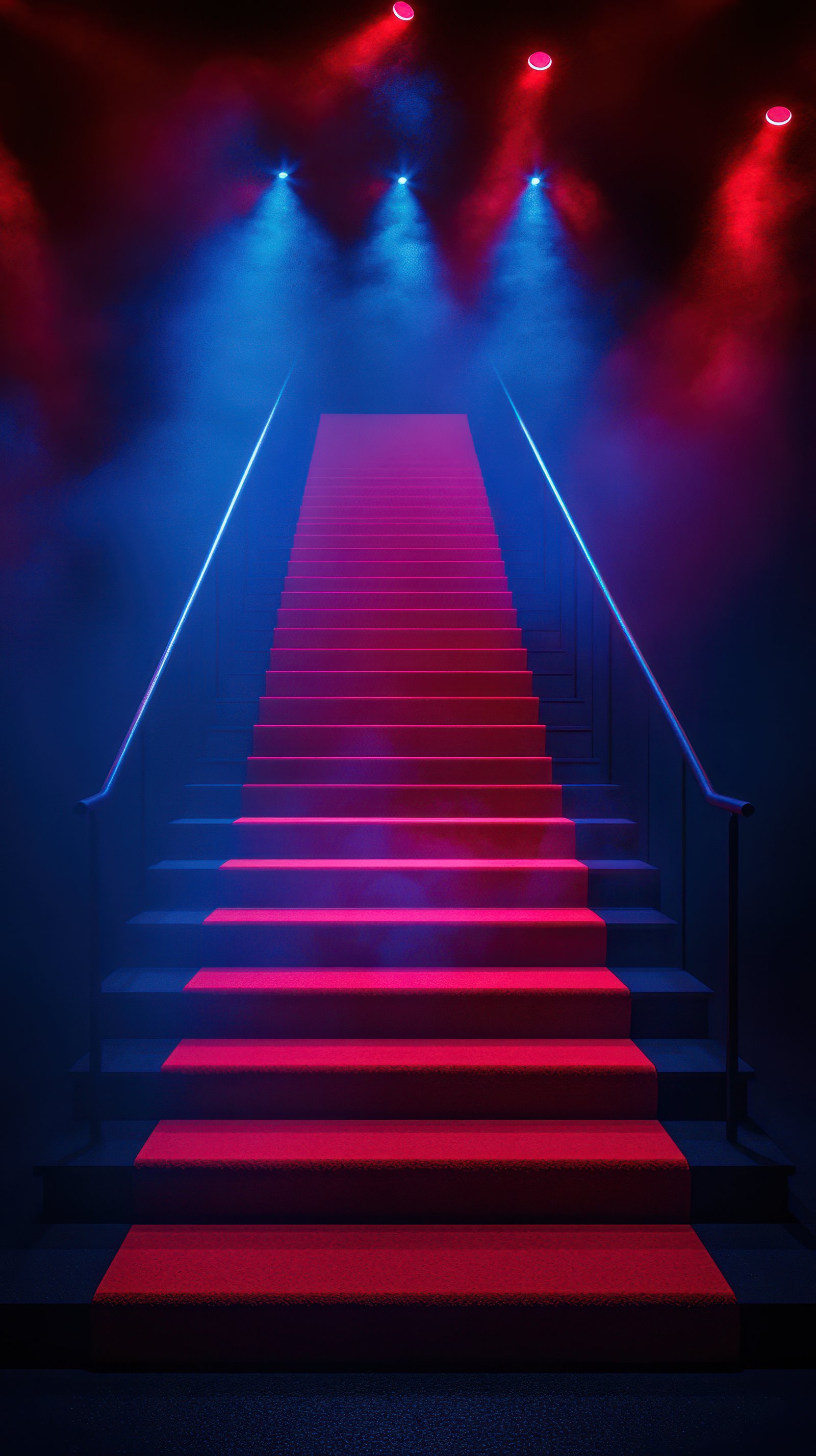 Stairs illuminated with red carpet and colored lights leading to a mysterious destination in a dark atmosphere